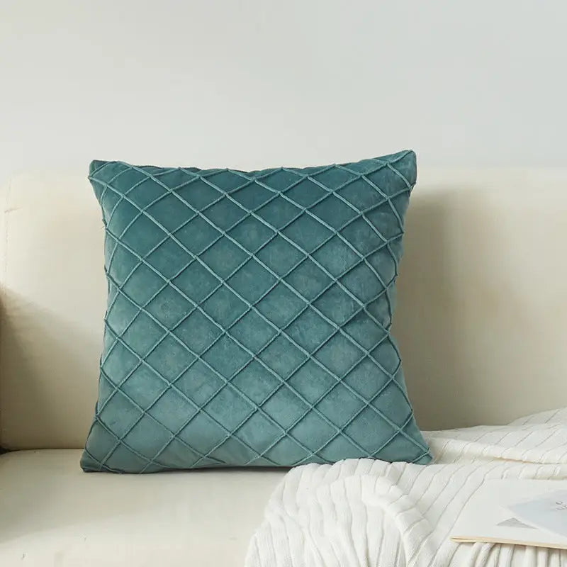 Teal velvet embroidered diamond-shaped lattice cozy cushion for stylish decor
