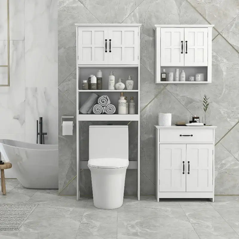 White bathroom storage set.