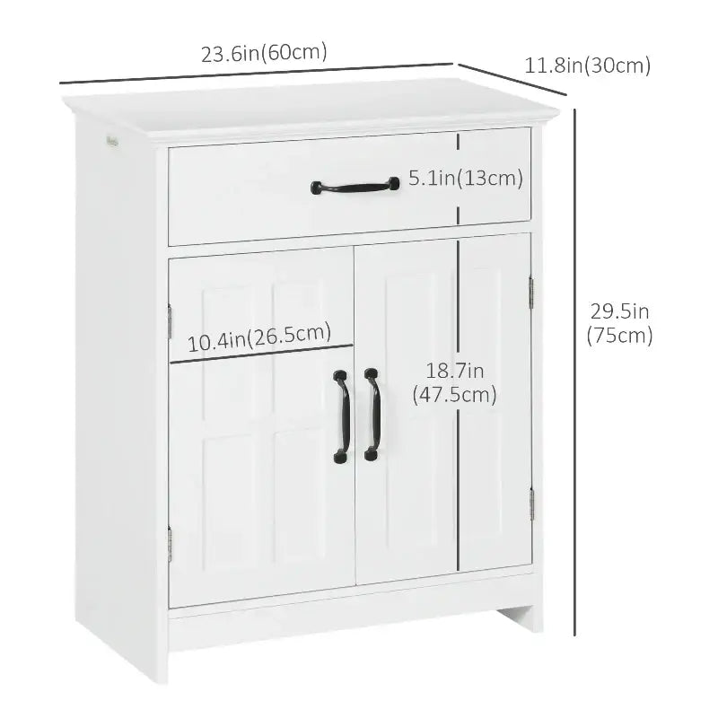 White storage cabinet with drawer and double doors.