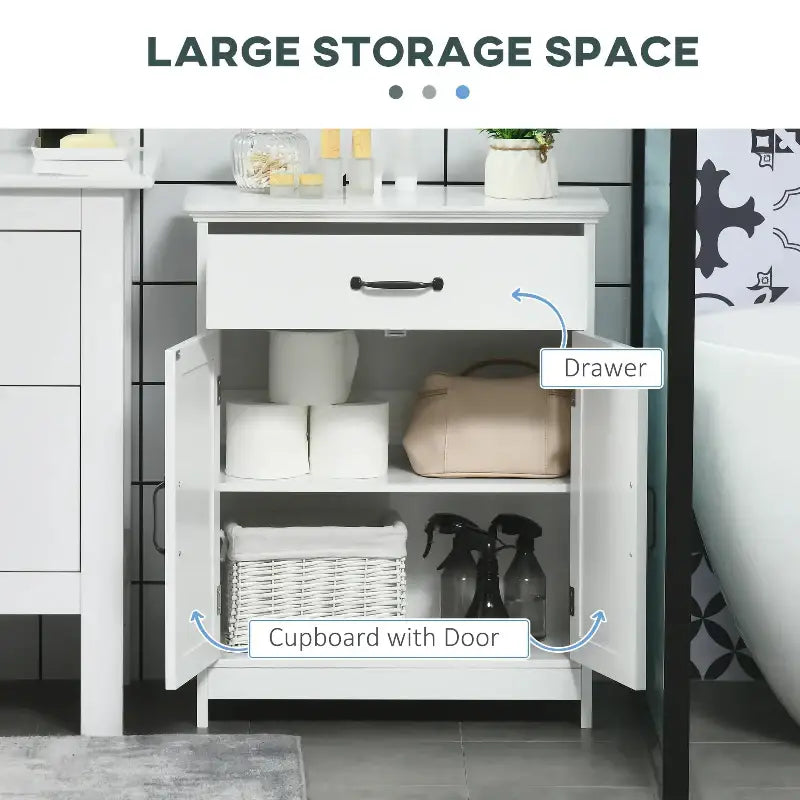 White bathroom storage cabinet.