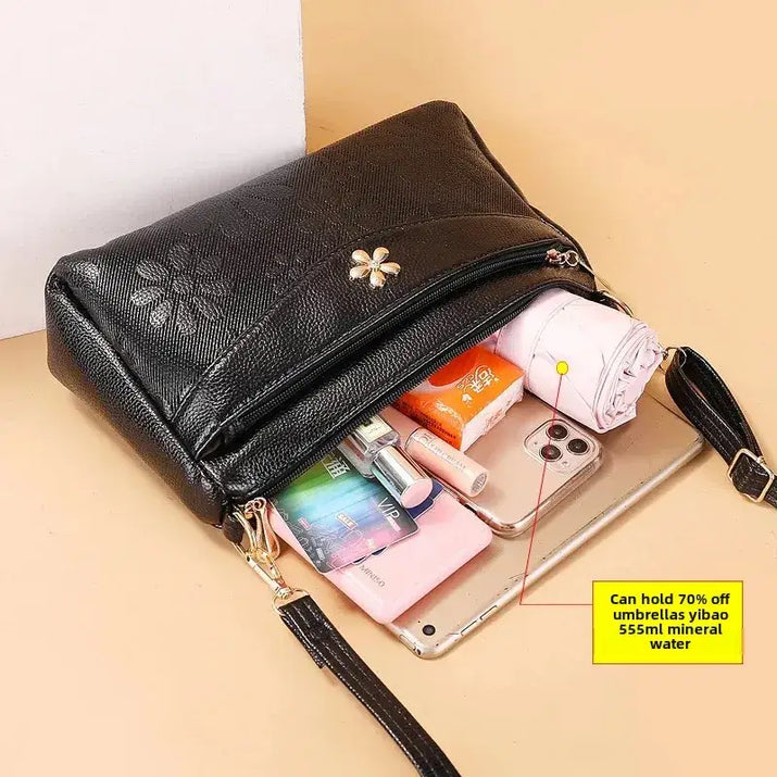Black leather handbag with contents.