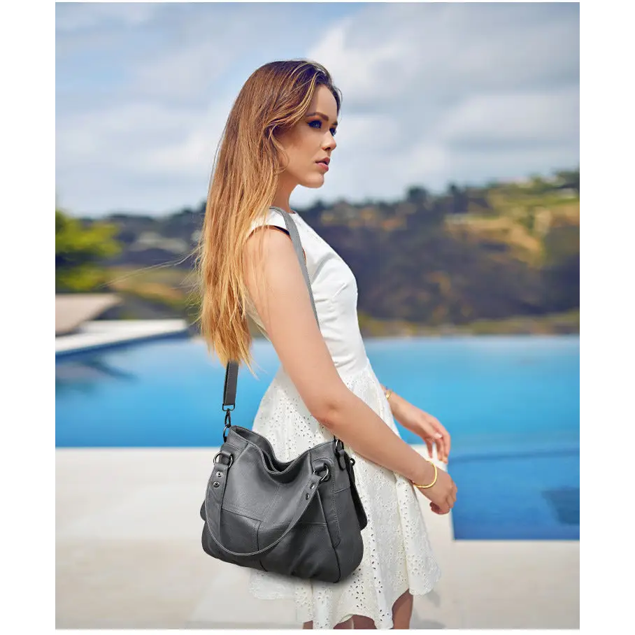 Gray leather large capacity crossbody shoulder bag for versatile carrying style