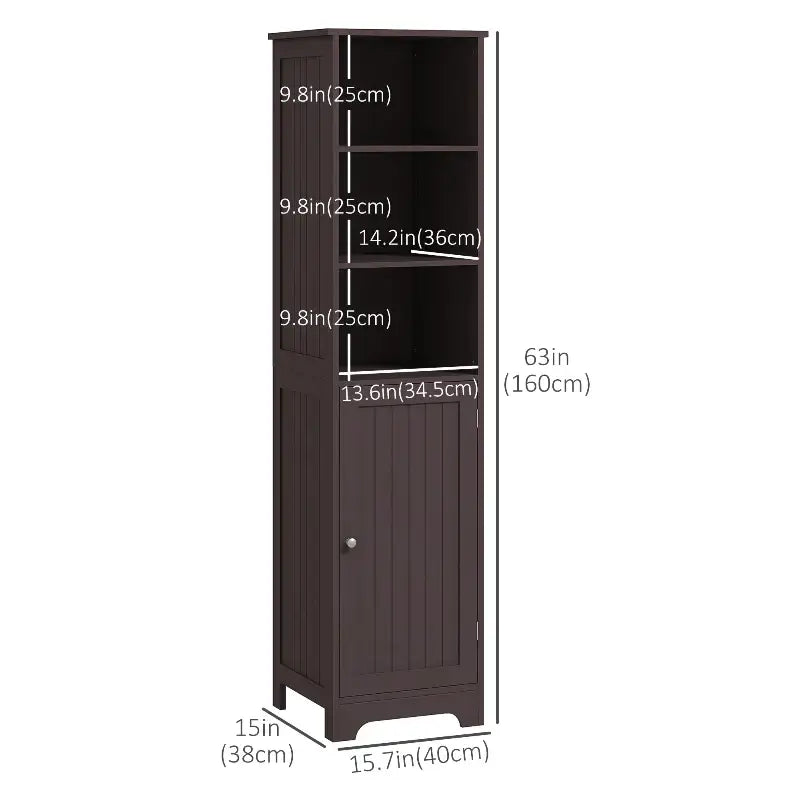 Brown wooden bathroom storage cabinet.