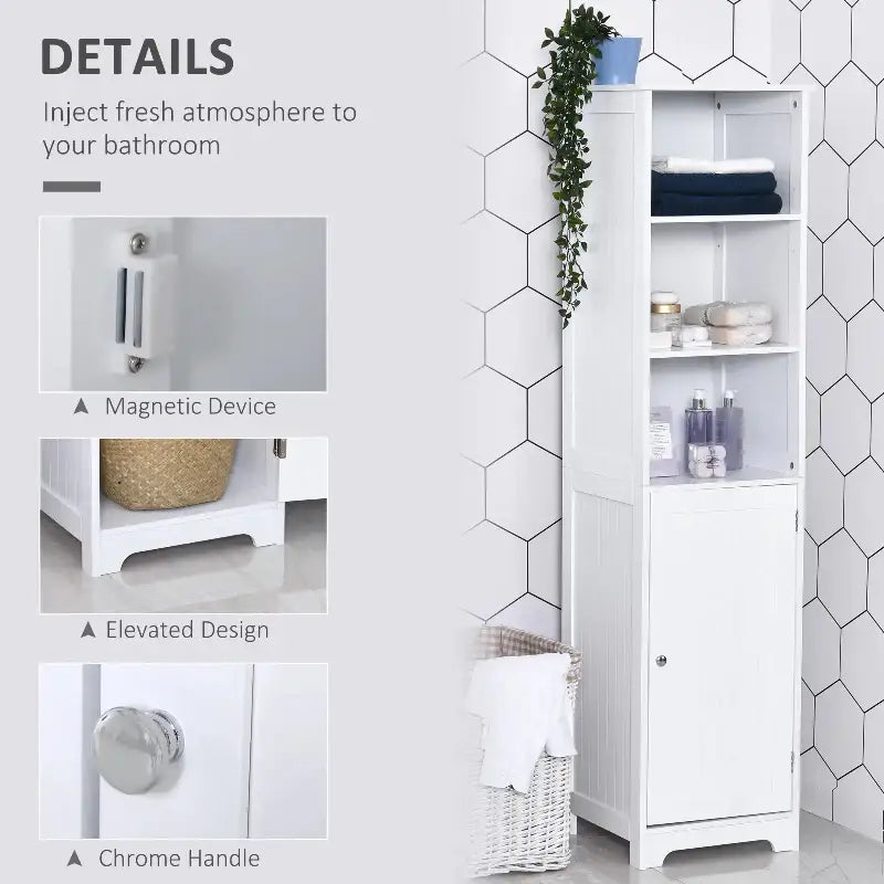 White bathroom storage cabinet.