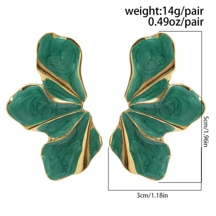 Vintage-inspired green and gold half flower stud earrings in a stylish design