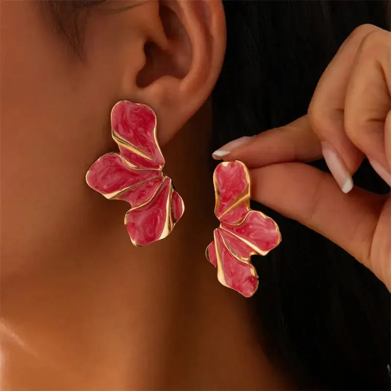 Vintage-inspired red and gold half flower stud earrings for elegant style