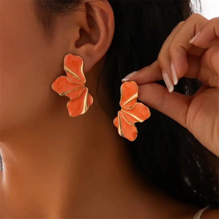 Orange and gold vintage-inspired half flower stud earrings for elegant fashion accessories