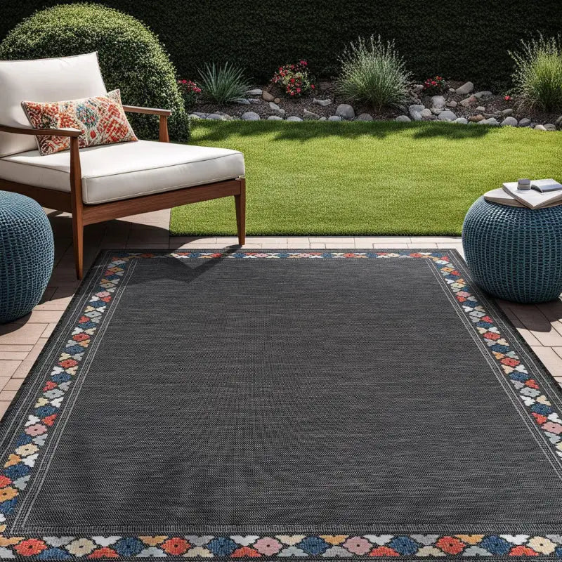 Gray Vintage Floral Outdoor Patio Mat with Floral Border for Stylish Exterior Decor