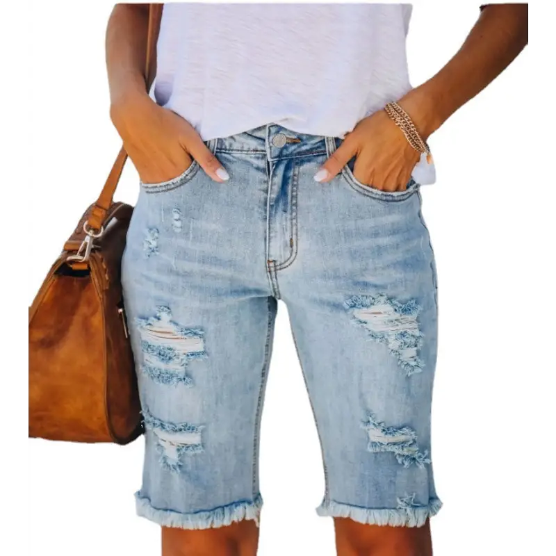 Distressed denim Bermuda shorts.