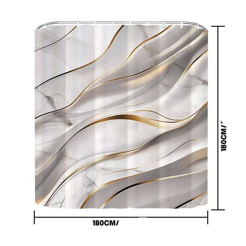 Marble-patterned shower curtain with gold accents.