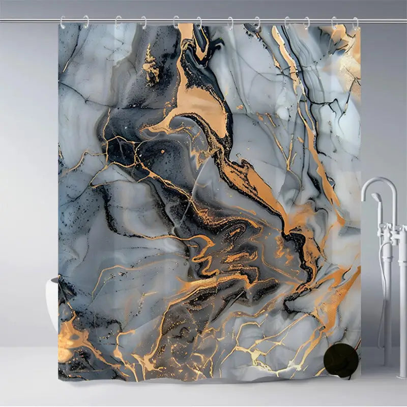 Marble-patterned shower curtain.