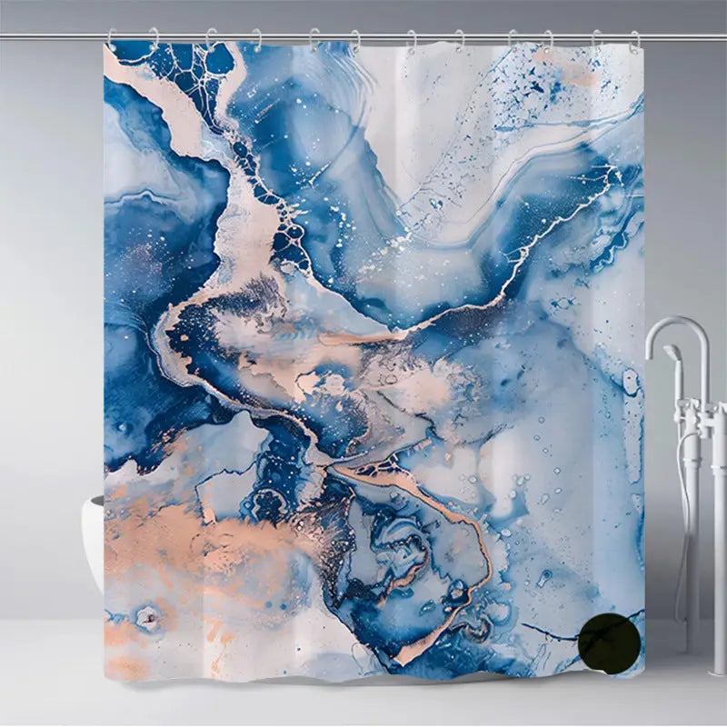 Blue and gold marble-patterned shower curtain.