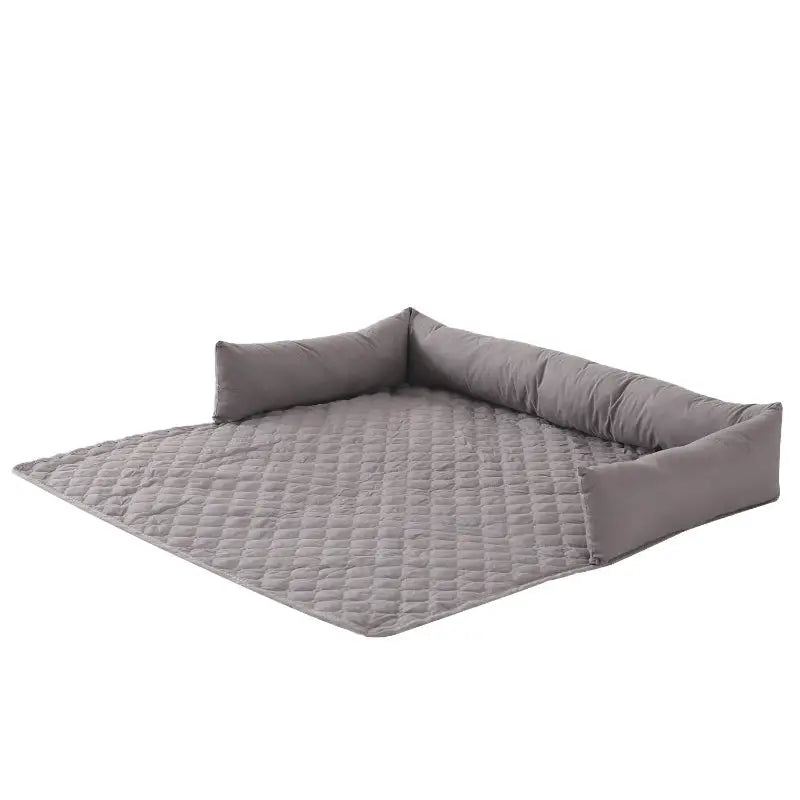 Gray quilted waterproof pet mat with bolster for dogs and cats, perfect dog pet mat