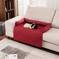 Red quilted sofa protector with bolster arms for waterproof pet mat and dog pet mat protection