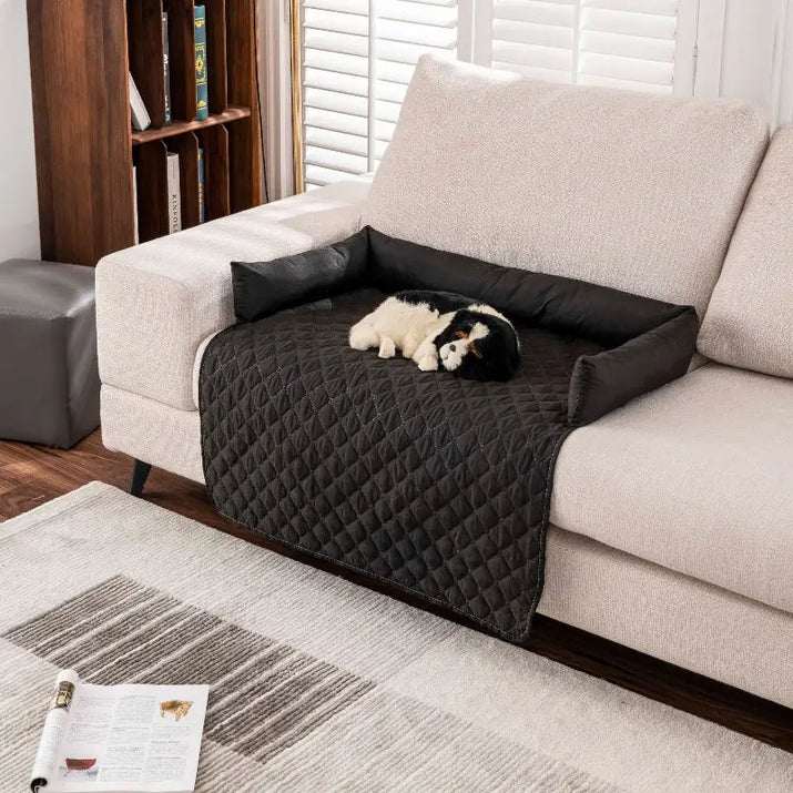 Black quilted waterproof pet mat with bolster sides for dogs and cats