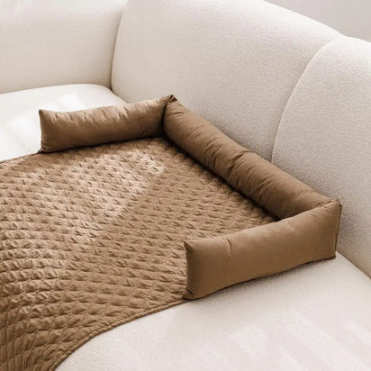 Brown quilted waterproof pet mat with bolster for dogs and cats, waterproof pet mat