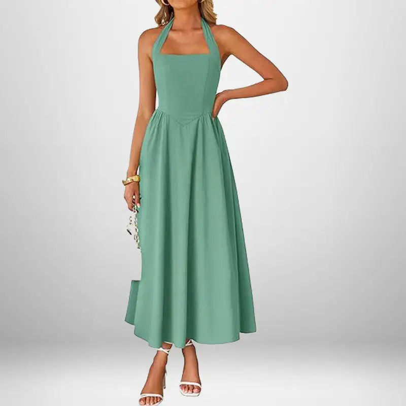 Mint green halter dress.