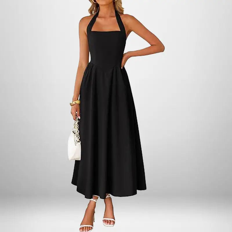 Black halter midi dress.