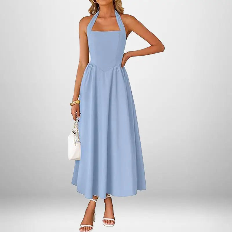 Light blue halter dress.