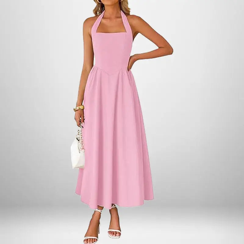 Pink halter midi dress.