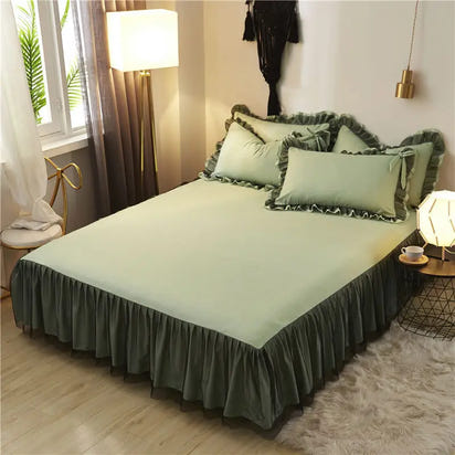 Green ruffled bedspread.