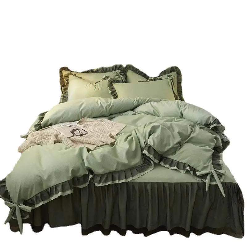 Green ruffled bedding set.