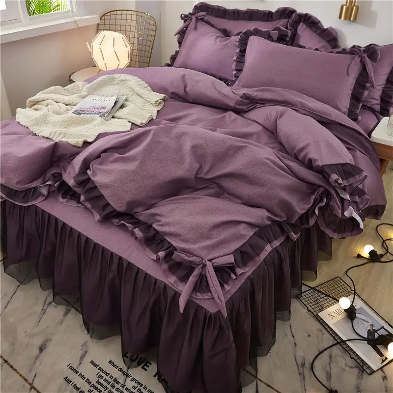 Purple ruffled bedding set.