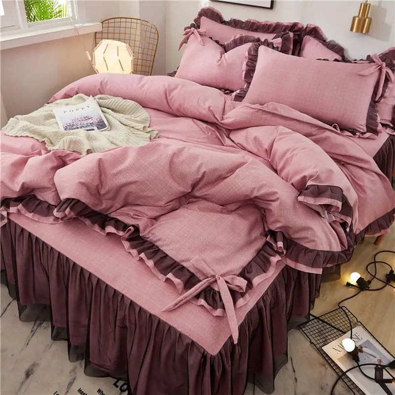 Pink ruffled bedding set.