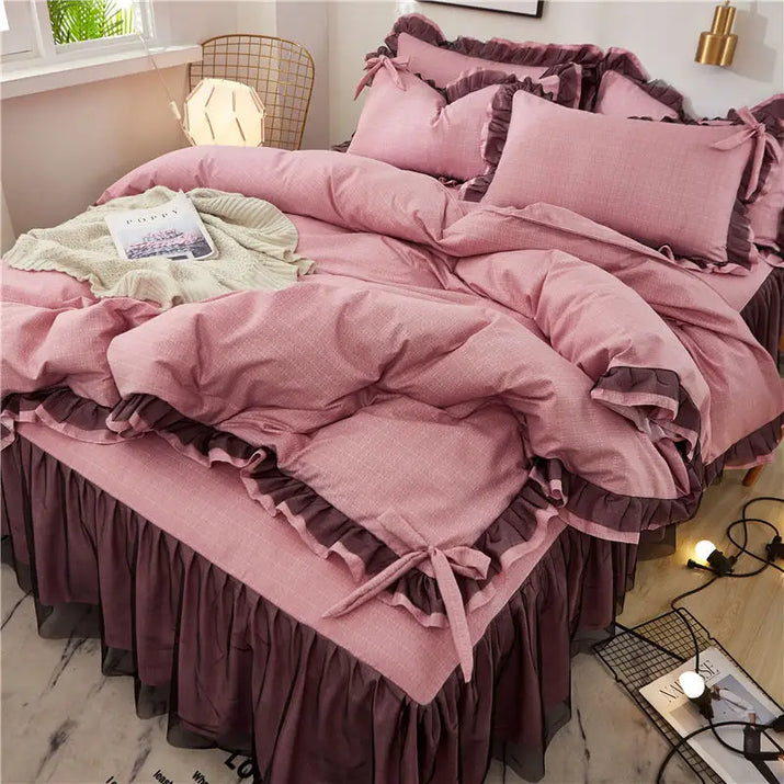 Pink ruffled bedding set.