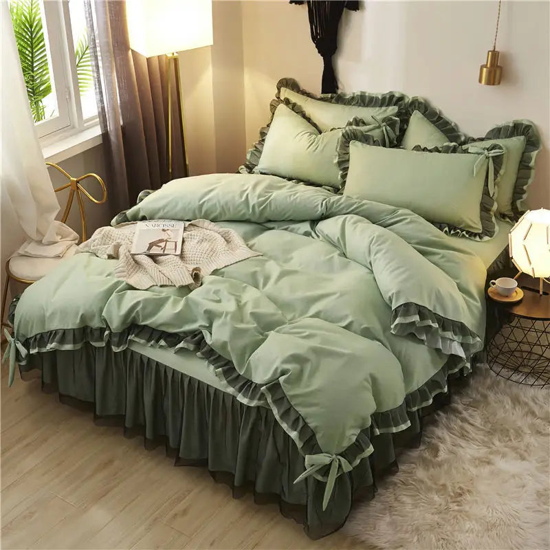 Green ruffled bedding set.