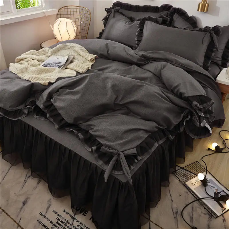 Gray ruffled bedding set.