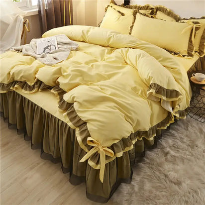 Yellow ruffled bedding set.