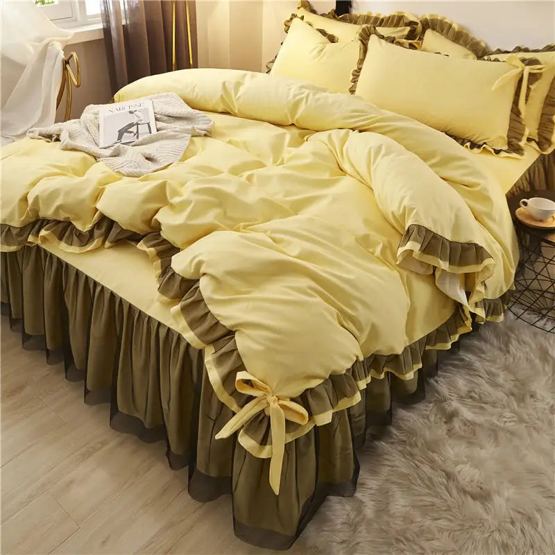 Yellow ruffled bedding set.