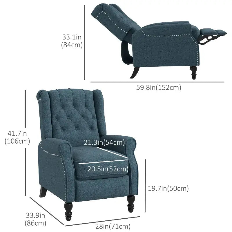 Blue upholstered Wingback Reclining Chair with dimensions, perfect for your living space