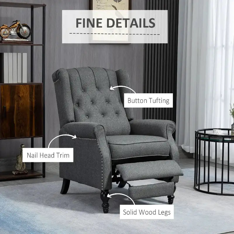 Gray wingback reclining chair with button-tufted design in a stylish Wingback Reclining Chair