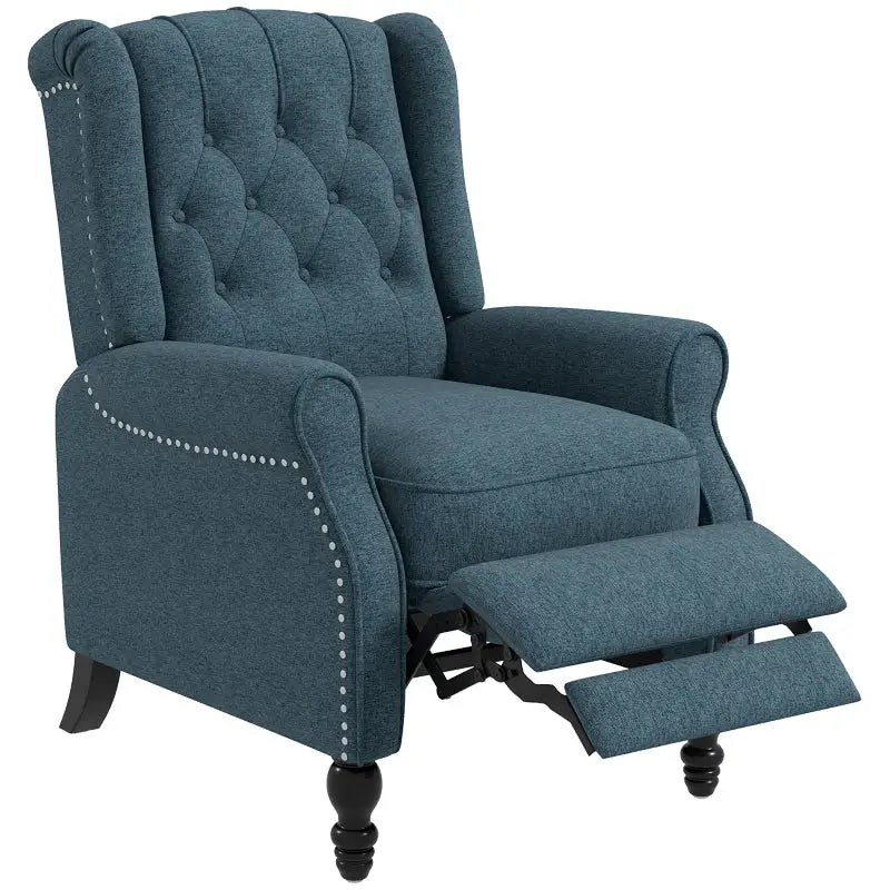 Blue tufted wingback reclining chair with nailhead trim for stylish comfort