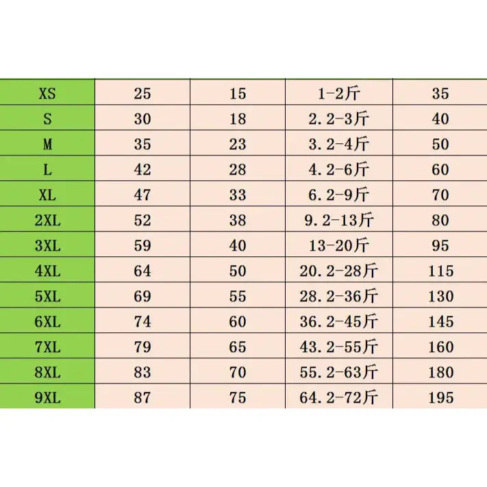 Clothing size chart for Winter Dog Clothes to ensure the perfect fit for your dog