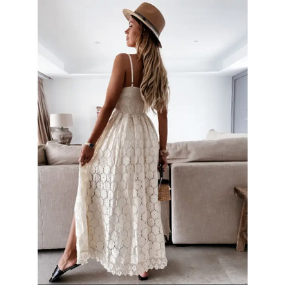 Lace maxi dress with spaghetti straps.
