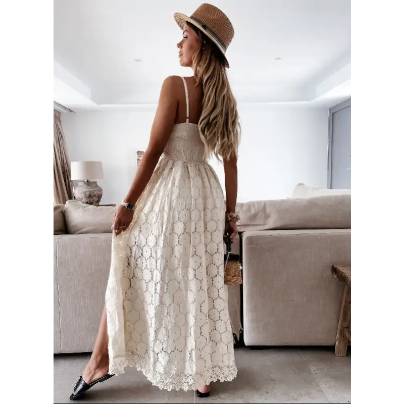 Lace maxi dress with spaghetti straps.