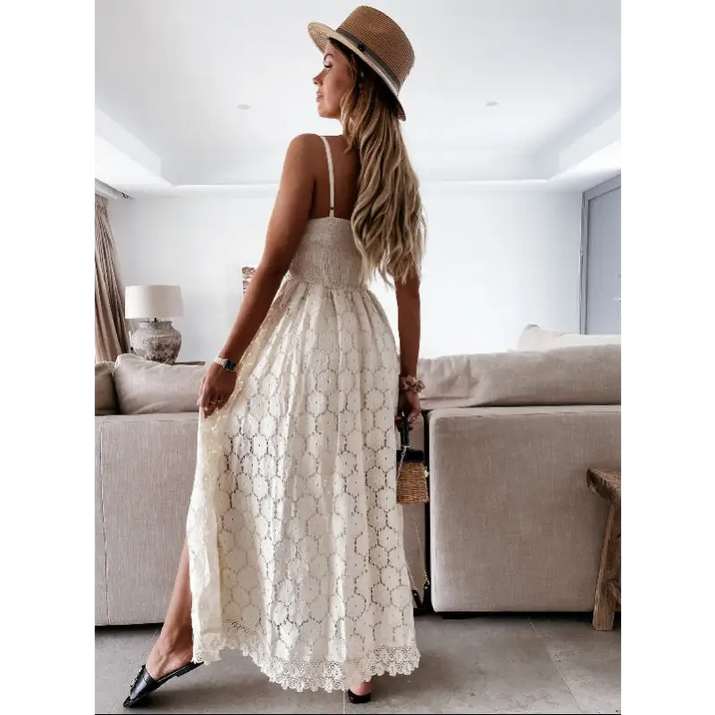 Lace maxi dress with spaghetti straps.