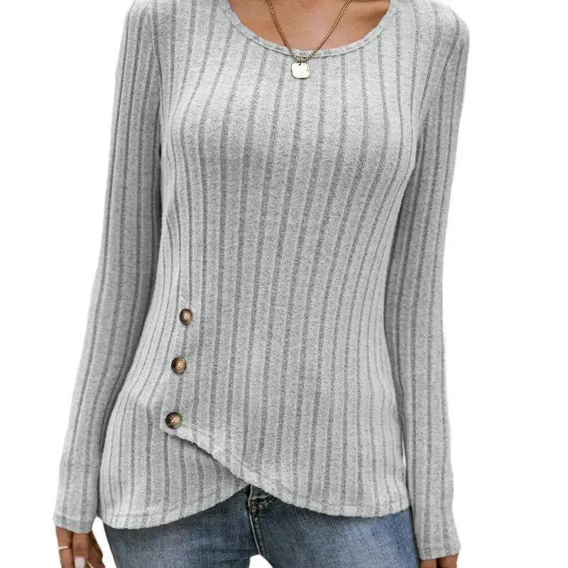 Gray ribbed knit long-sleeve top.
