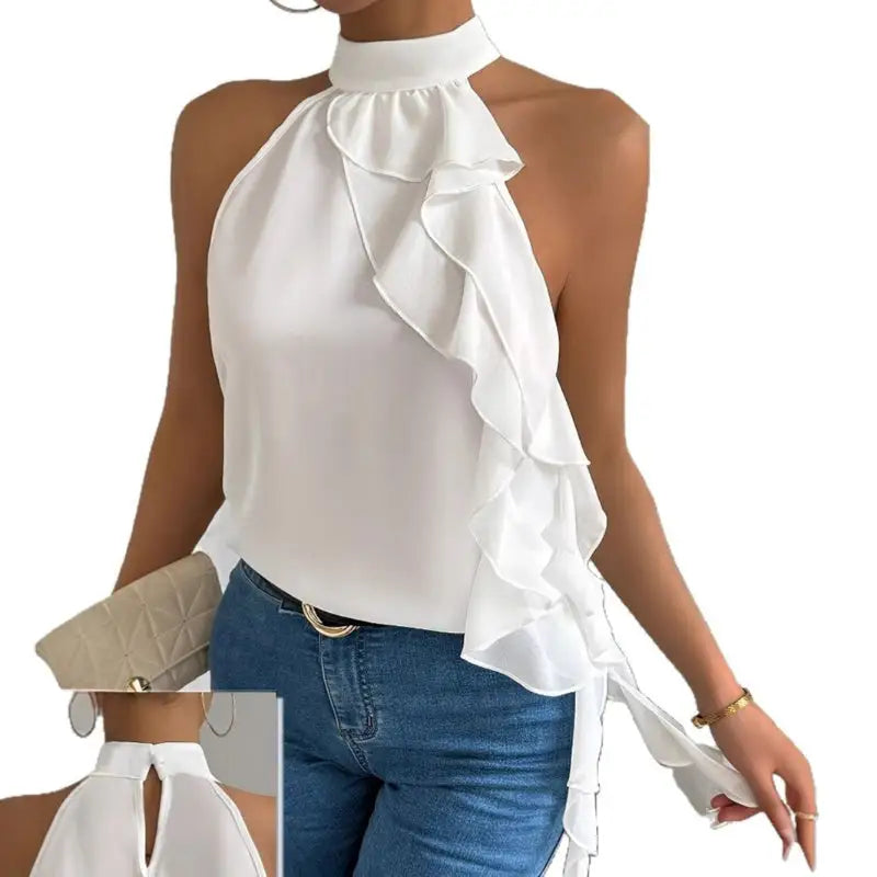 White halter top with ruffles.