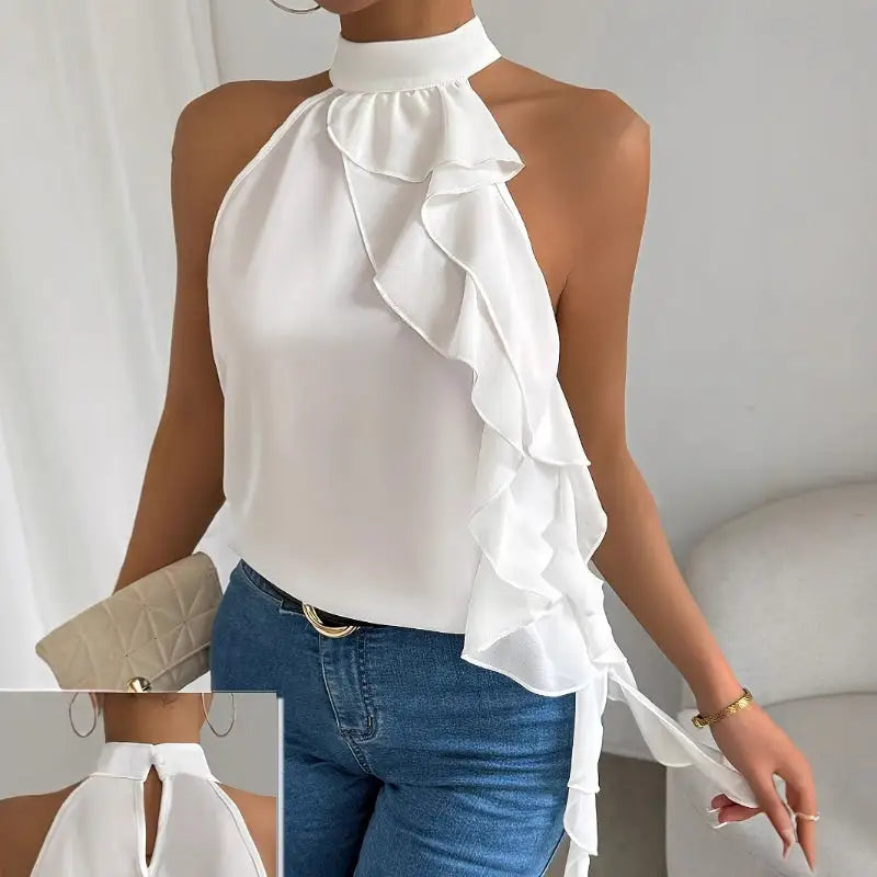 White halter top with ruffles.