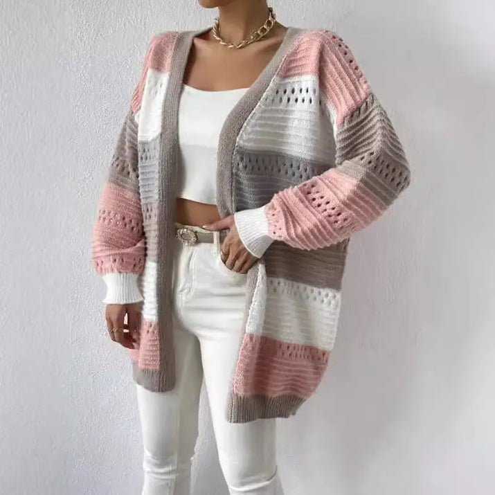 Striped knit cardigan.