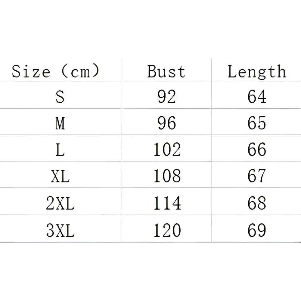 Clothing size chart.