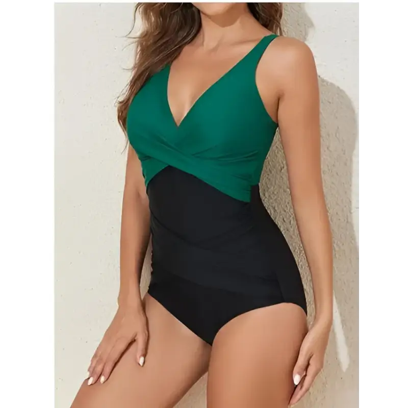 Green and black one-piece swimsuit.