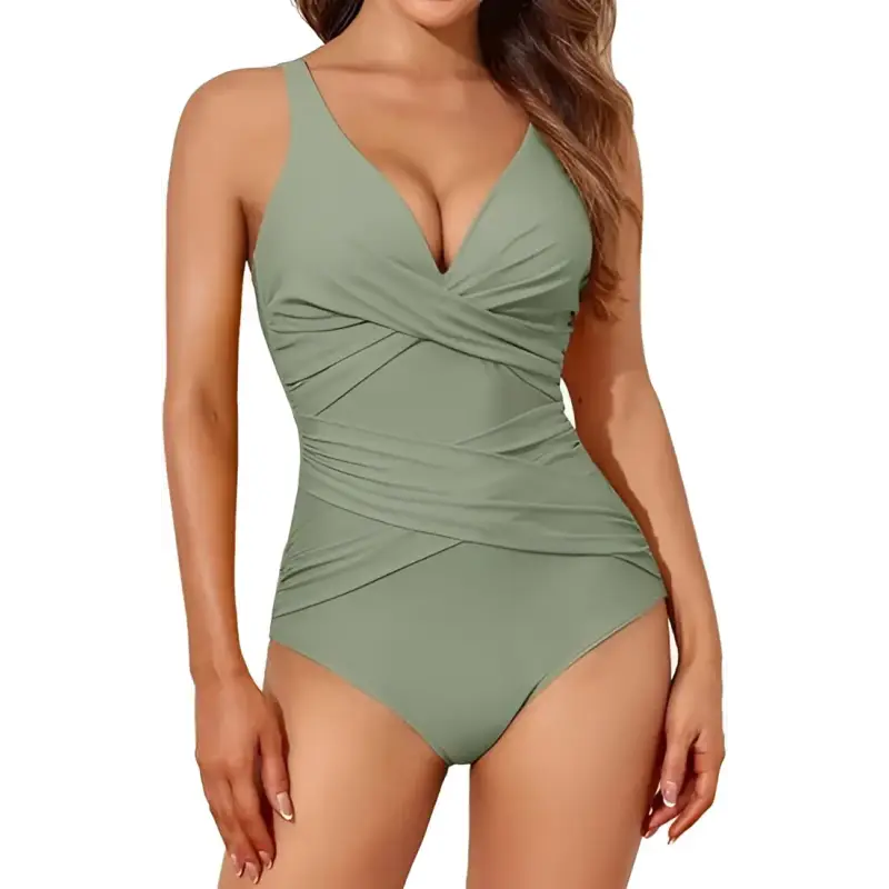 Sage green crisscross one-piece swimsuit.