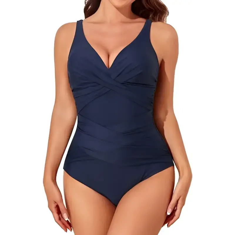 Navy blue one-piece swimsuit.