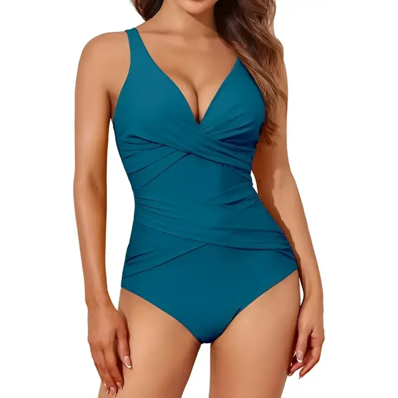 Teal one-piece swimsuit.