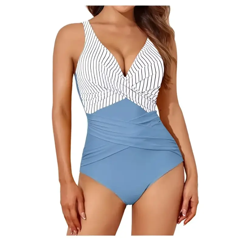 Striped and blue one-piece swimsuit.
